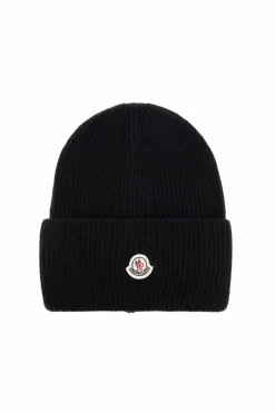 Moncler CZARNY Wełniana czapka z naszywką z logo
