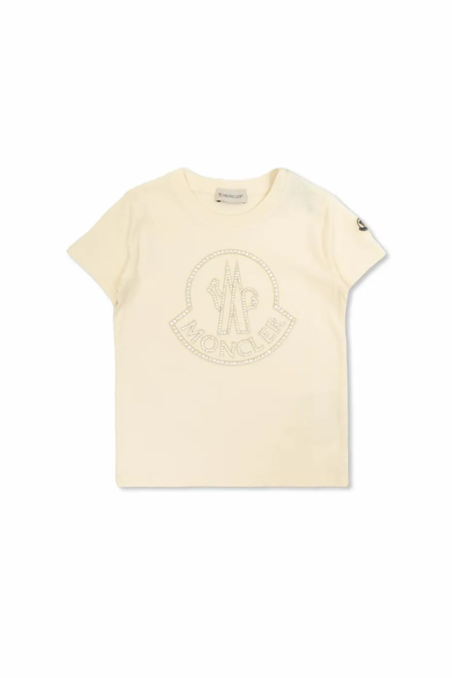 Moncler Enfant kremowy T-shirt z logo wykończonym połyskującymi kryształami