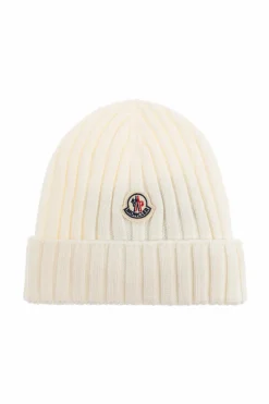 Moncler Enfant kremowy Wełniana czapka z naszywką z logo