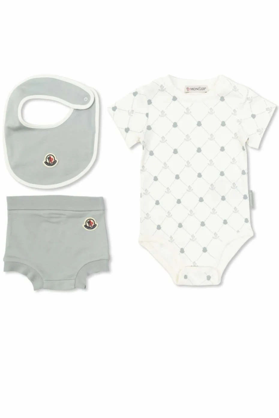 Moncler Enfant SZARY Komplet: Body, rampersy i śliniak