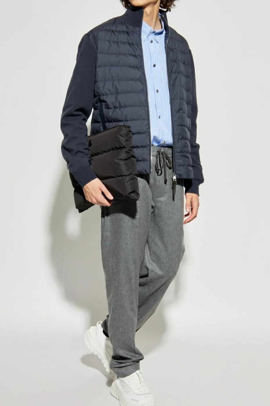 Moncler GRANATOWY Kardigan z puchową wstawką