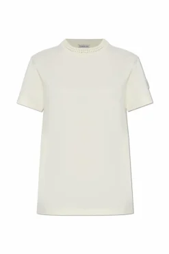 Moncler kremowy T-shirt z dekoracyjnym dekoltem