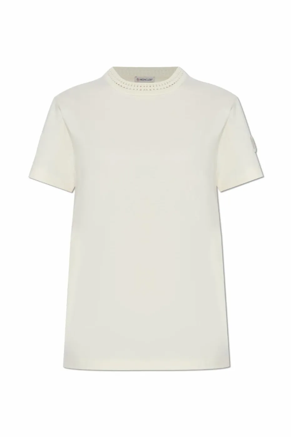 Moncler kremowy T-shirt z dekoracyjnym dekoltem