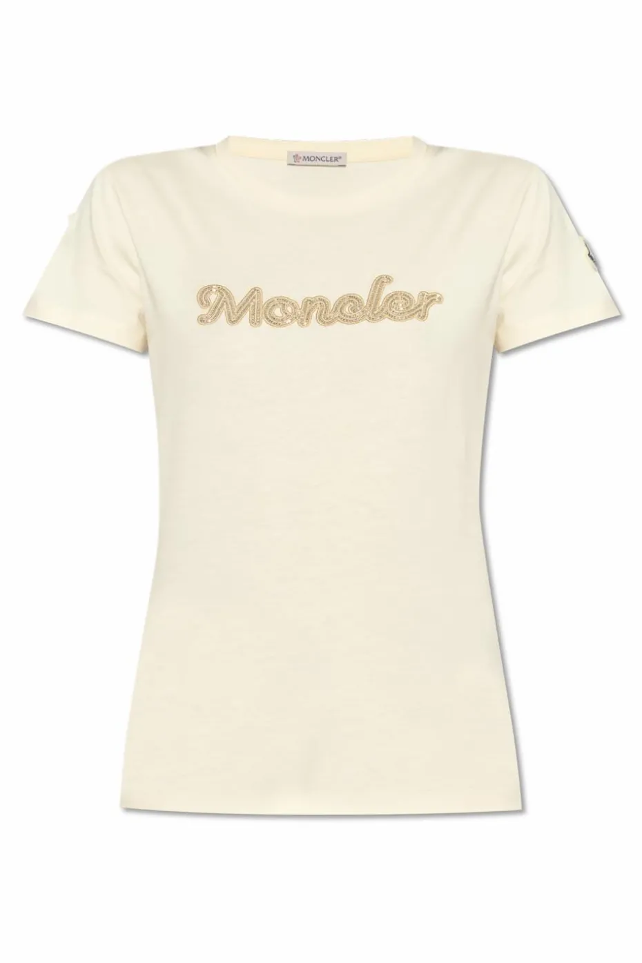Moncler kremowy T-shirt z połyskującymi aplikacjami