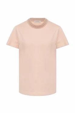 Moncler RÓŻOWY T-shirt z dekoracyjnym dekoltem