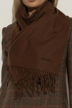 Moschino BRĄZOWY Wełniany szal z wyszytym logo