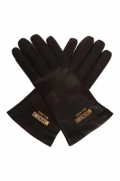 Moschino CZARNY Skórzane rękawiczki z logo