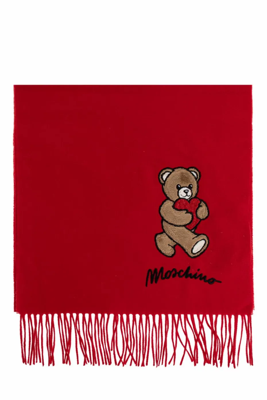 Moschino CZERWONY Wełniany szal z charakterystycznym motywem misia