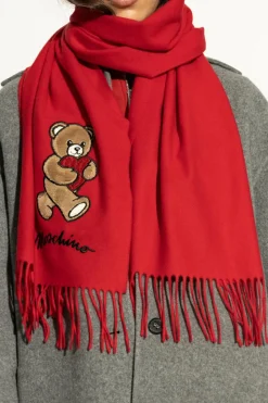 Moschino CZERWONY Wełniany szal z charakterystycznym motywem misia