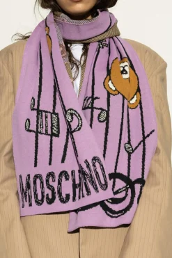 Moschino FIOLETOWY Szal z charakterystycznym motywem misia