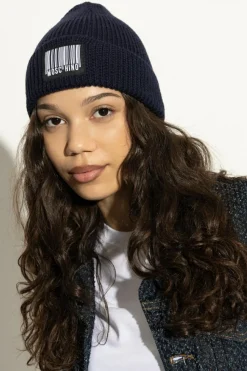 Moschino GRANATOWY Wełniana czapka z naszywką z logo