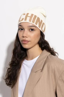 Moschino kremowy Czapka z logo z lureksową nicią