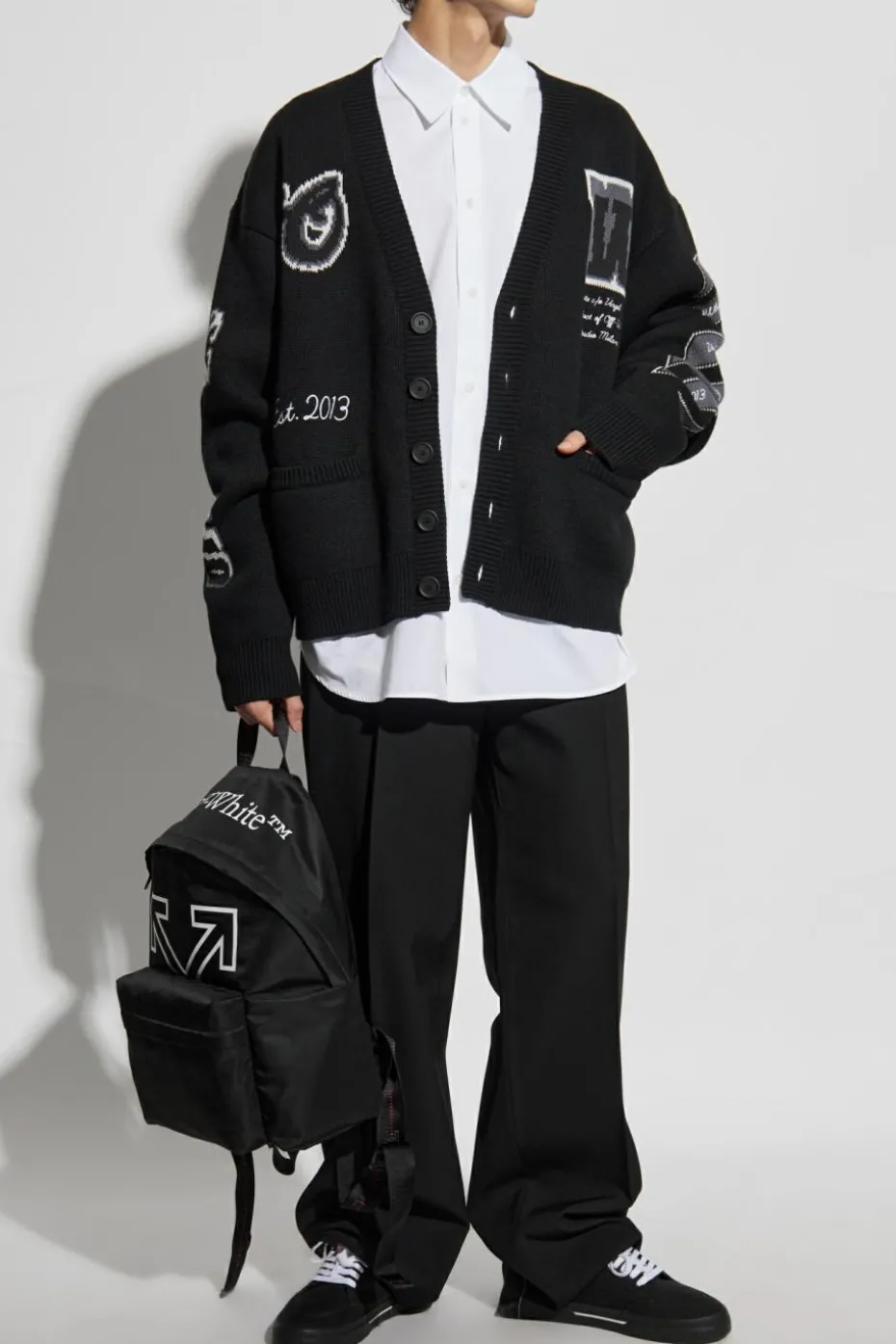 Off-White CZARNY Wełniany kardigan z logo