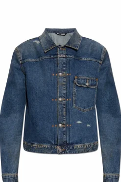 Palm Angels GRANATOWY Jeansowa kurtka z efektem `vintage`