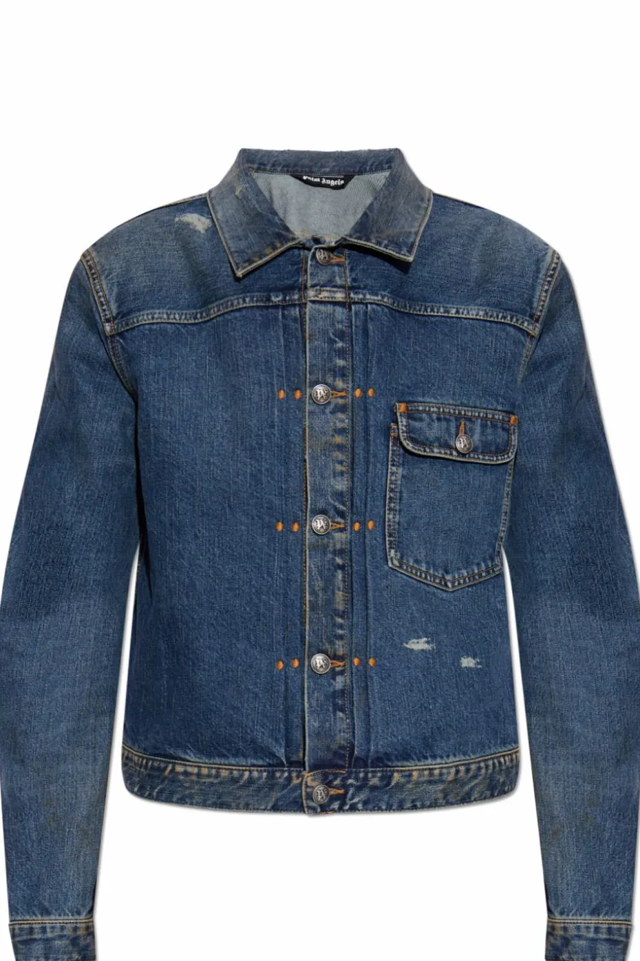 Palm Angels GRANATOWY Jeansowa kurtka z efektem `vintage`