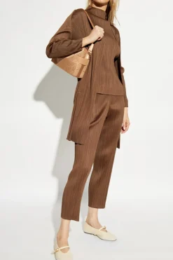 Pleats Please Issey Miyake BRĄZOWY Plisowane spodnie