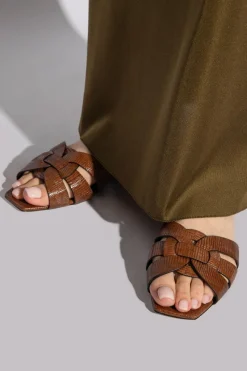 Saint Laurent BRĄZOWY Skórzane klapki