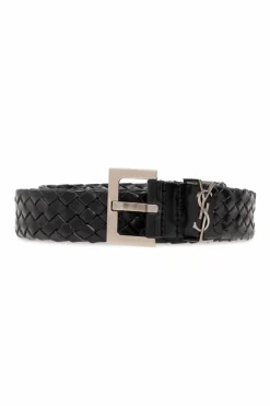 Saint Laurent CZARNY Skórzany pleciony pasek