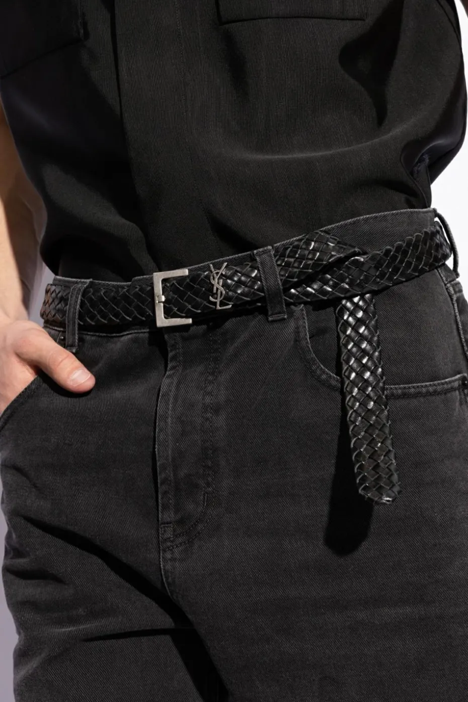 Saint Laurent CZARNY Skórzany pleciony pasek