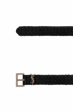 Saint Laurent CZARNY Skórzany pleciony pasek