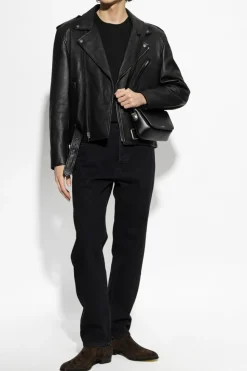 Saint Laurent CZARNY Skórzana kurtka z paskiem