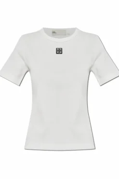 Tory Burch BIAŁY Prążkowany top z naszywką z logo