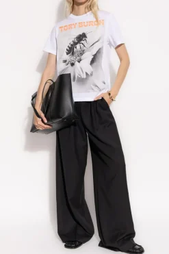 Tory Burch BIAŁY T-shirt z kolorowym nadrukiem