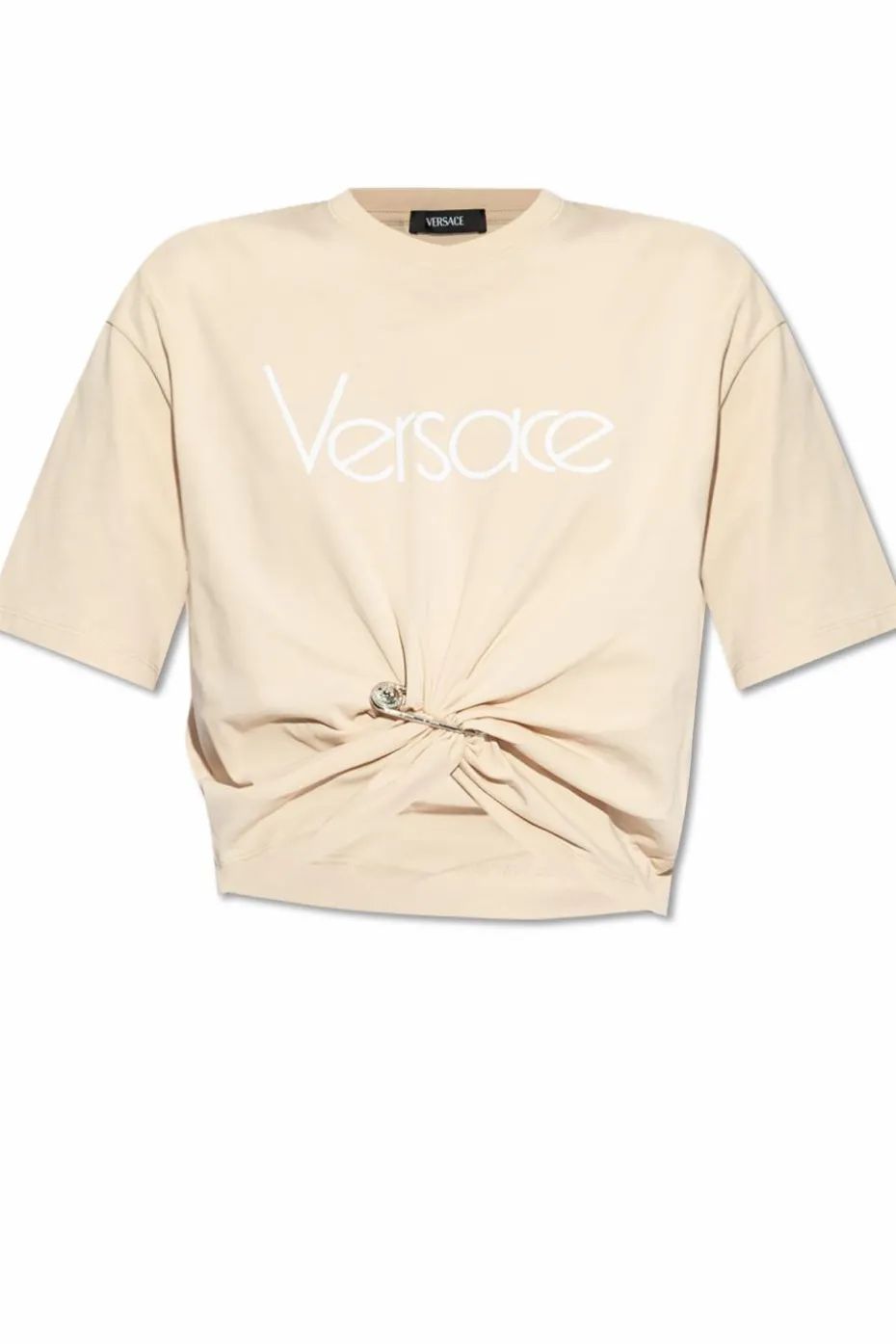 Versace beżowy T-shirt z dekoracyjną agrafką