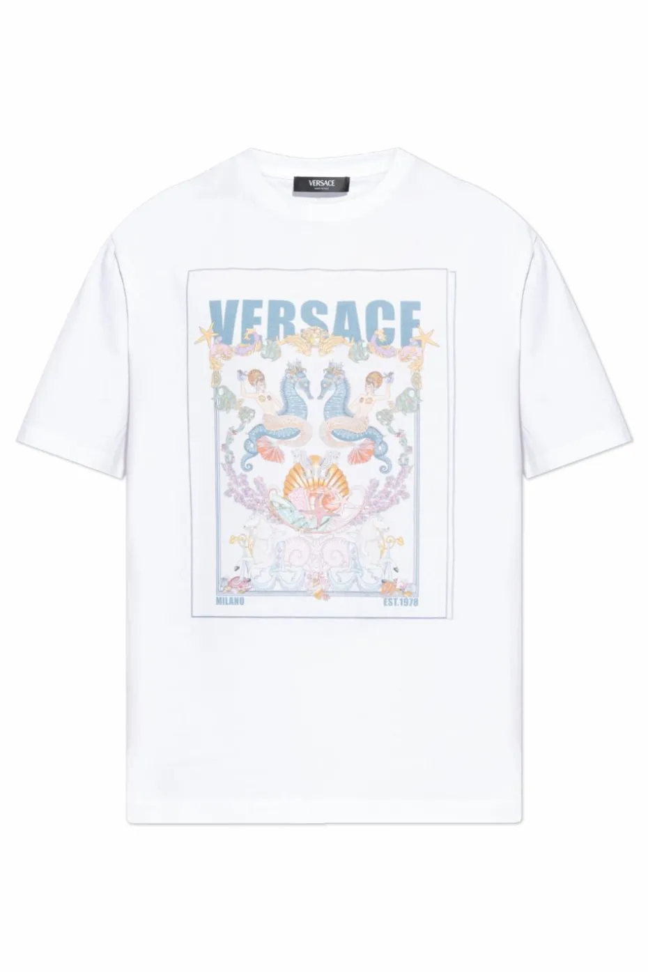 Versace BIAŁY T-shirt z kolorowym nadrukiem