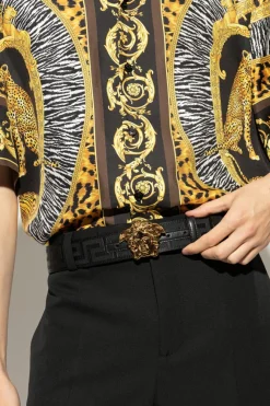 Versace CZARNY Pasek z charakterystycznym greckim wzorem