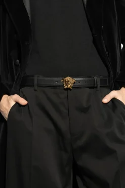 Versace CZARNY Skórzany pasek z dekoracyjną klamrą