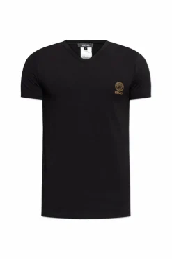 Versace CZARNY T-shirt bieliźniany z dekoltem w serek