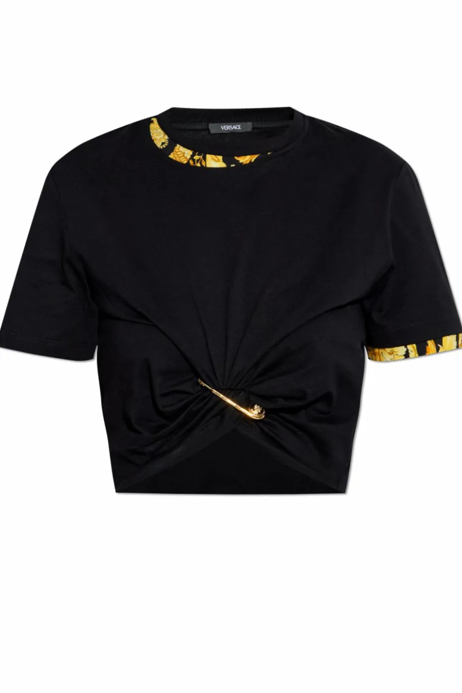 Versace CZARNY T-shirt z dekoracyjną agrafką i drapowaniem