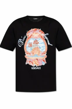 Versace CZARNY T-shirt z kolorowym nadrukiem