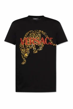 Versace CZARNY T-shirt z połyskującymi aplikacjami
