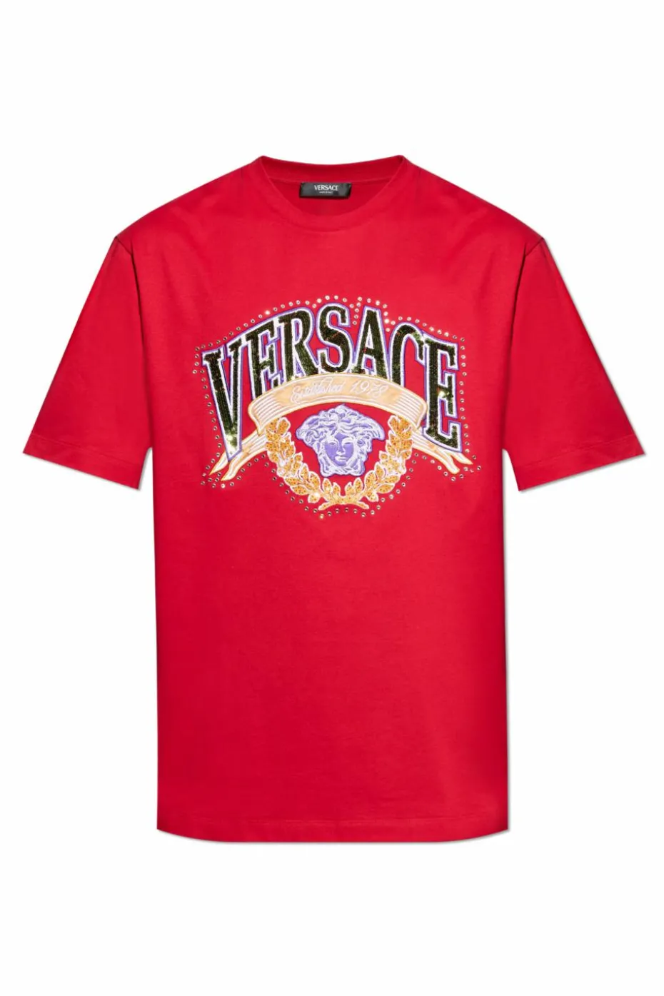 Versace CZERWONY T-shirt z połyskującymi aplikacjami