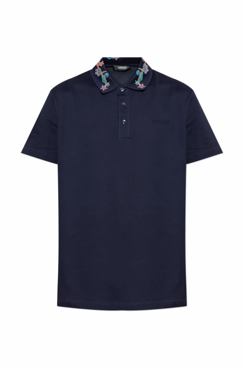 Versace GRANATOWY Polo z kolorowym haftem na kołnierzu