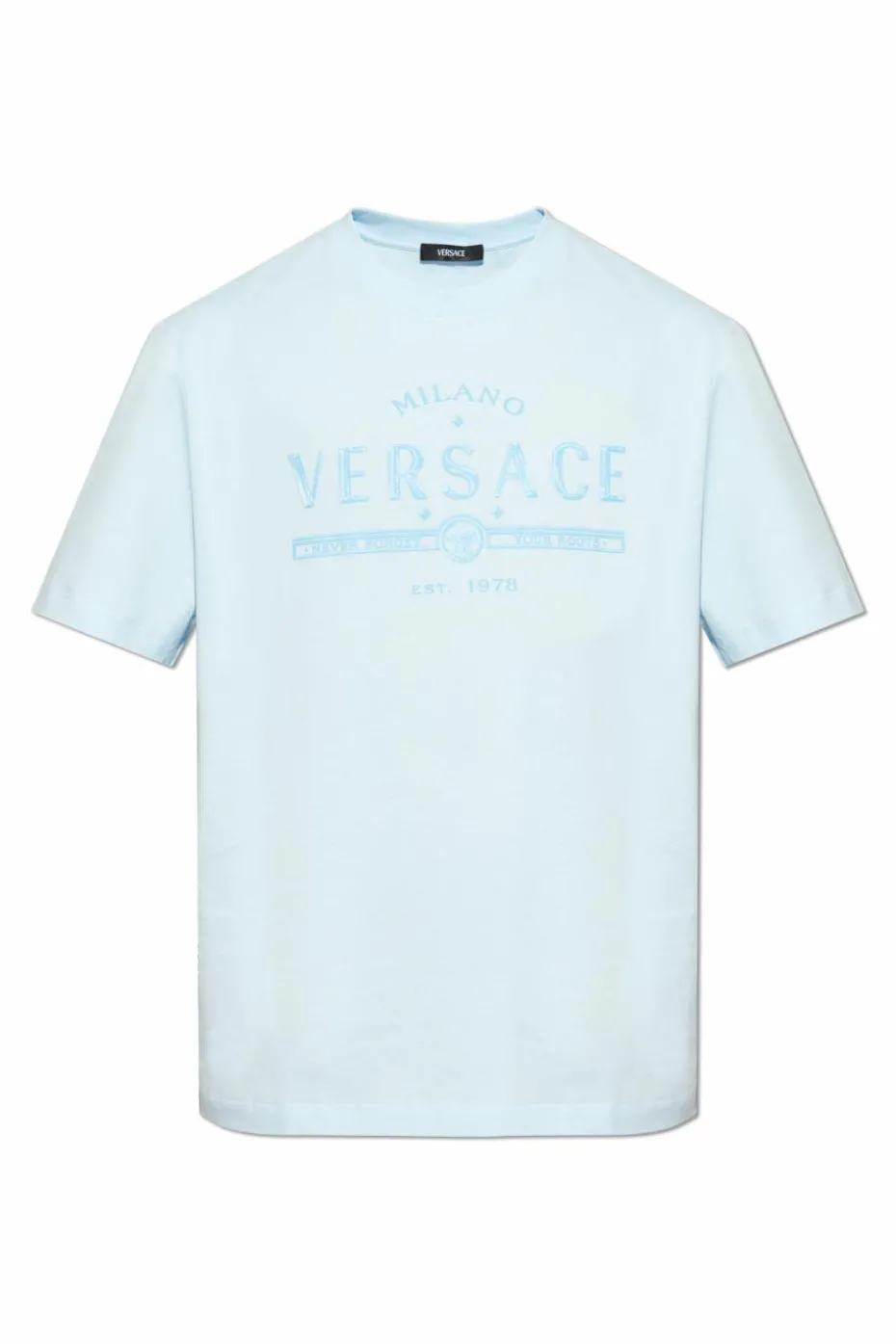 Versace jasnoniebieski T-shirt z nadrukowanym logo