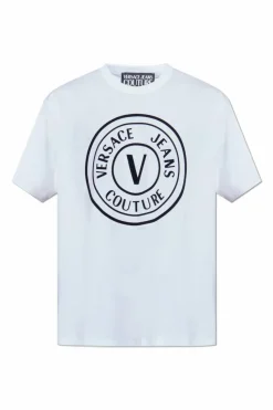 Versace Jeans Couture BIAŁY T-shirt z nadrukiem o aksamitnym wykończeniu