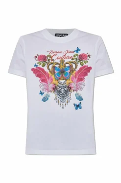 Versace Jeans Couture BIAŁY T-shirt z nadrukiem i połyskującymi aplikacjami