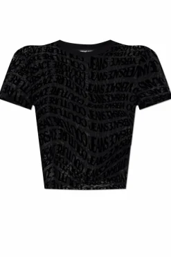 Versace Jeans Couture CZARNY T-shirt z logo o aksamitnym wykończeniu