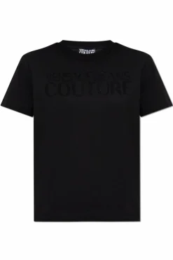 Versace Jeans Couture CZARNY T-shirt z połyskującymi aplikacjami