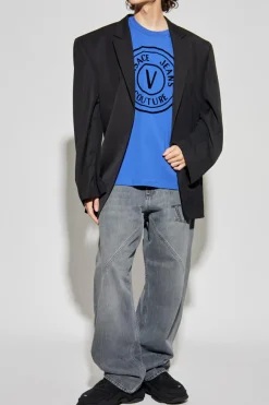 Versace Jeans Couture NIEBIESKI T-shirt z nadrukiem o aksamitnym wykończeniu