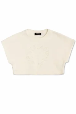 Versace Kids kremowy T-shirt z ażurowym logo
