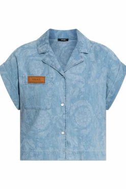Versace NIEBIESKI Jeansowa koszula z krótkimi rękawami