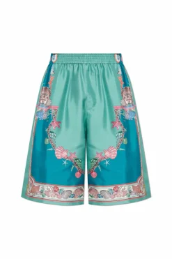 Versace NIEBIESKI Jedwabne szorty z nadrukiem `Coral Theatre`