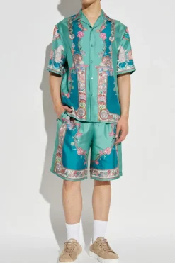 Versace NIEBIESKI Jedwabne szorty z nadrukiem `Coral Theatre`
