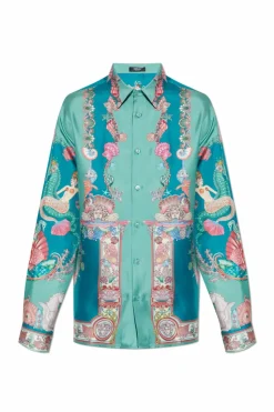 Versace NIEBIESKI Jedwabna koszula z nadrukiem `Coral Theatre`