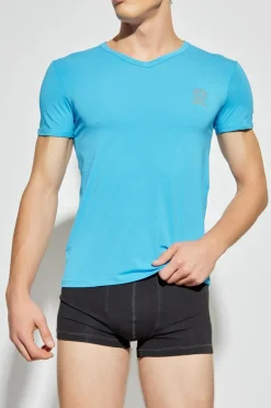 Versace NIEBIESKI T-shirt bieliźniany z dekoltem w serek