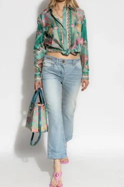 Versace ZIELONY Jedwabna koszula z nadrukiem `Underwater Barocco`